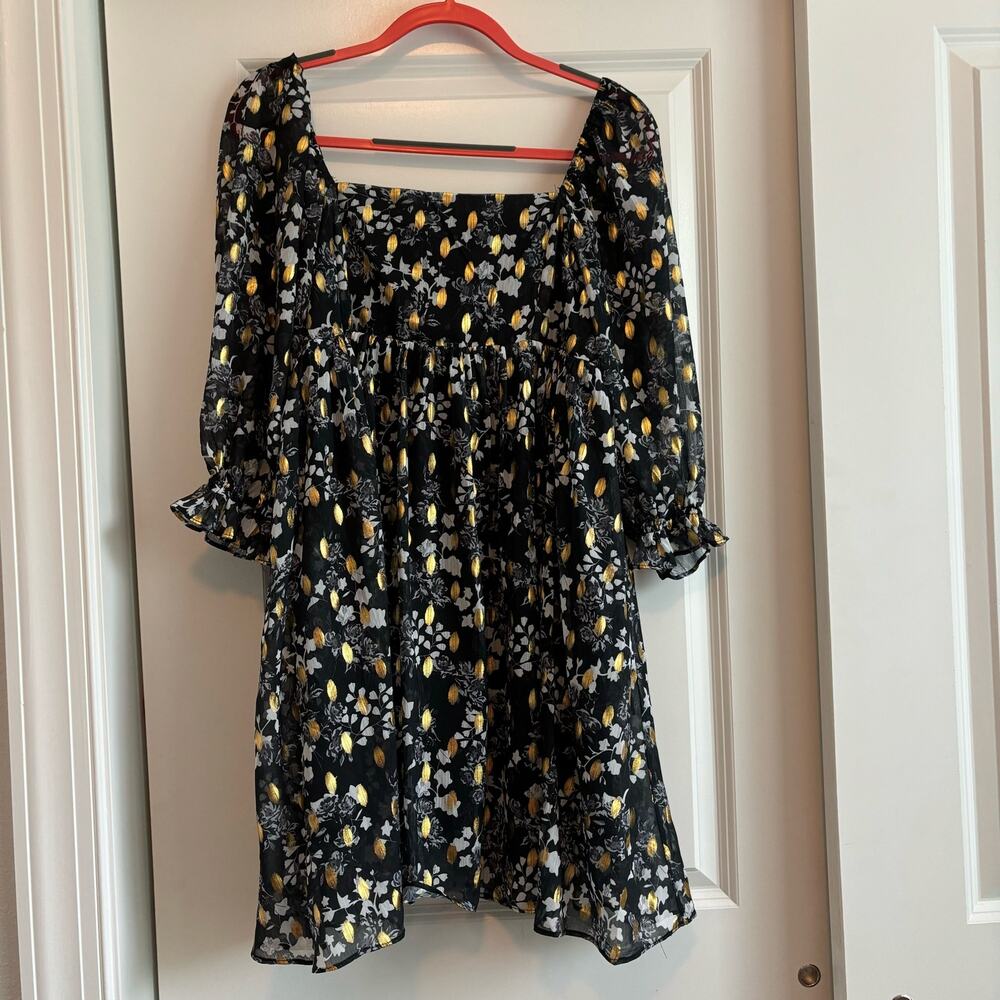 Fabrik‎ Gold Speckled Babydoll Dress Navy Gold Sz M Coquette Milkmaid